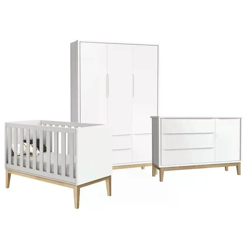 Quarto Infantil Classic 3 Portas Branco Fosco Com Pés Madeira Natural Reller Móveis