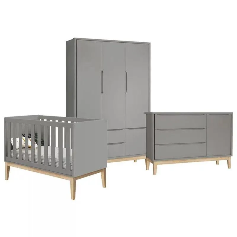 Quarto Infantil Classic 3 Portas Cinza Fosco Com Pés Madeira Natural Reller Móveis