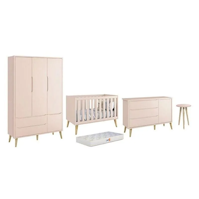 Conjunto De Quarto Theo Guarda Roupa Cômoda Berço Americano Mesa De Canto Colchão D18 Mdf Moderno