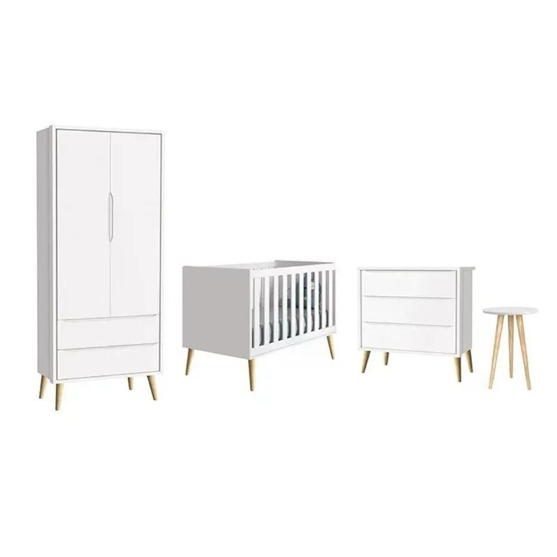 Conjunto de Quarto Theo com Guarda Roupa Cômoda Berço e Mesa de Canto Branco Reller Móveis