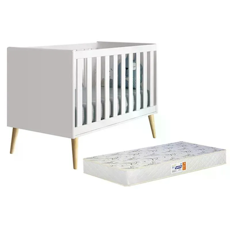 Berço Americano Theo com Pés Madeira Natural e Colchão D18 - Reller Móveis Branco Fosco