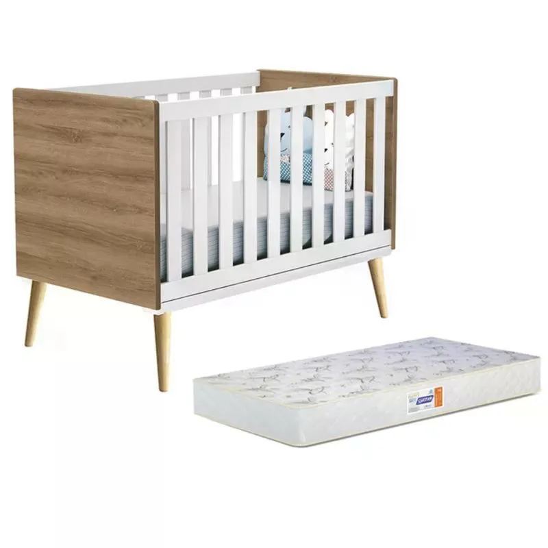 Berço Americano Theo com Pés Madeira Natural e Colchão D18 - Reller Móveis Branco Fosco/Mezzo