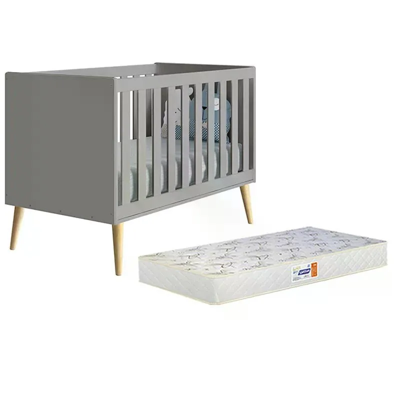 Berço Americano Theo com Pés Madeira Natural e Colchão D18 - Reller Móveis Cinza Fosco
