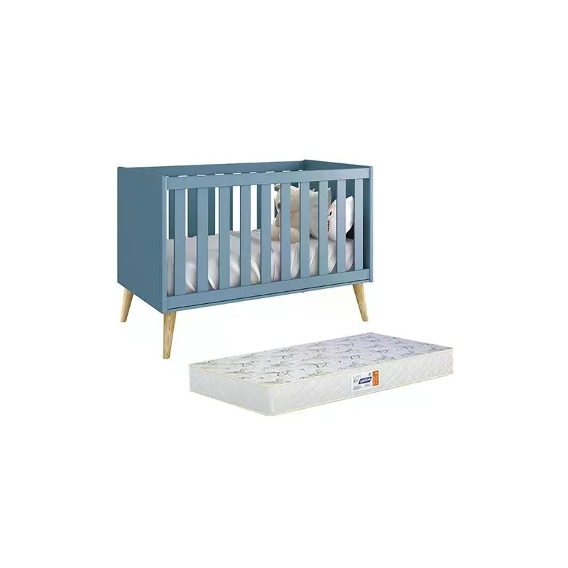 Berço Americano Theo com Pés Madeira Natural e Colchão D18 - Reller Móveis Azul Fosco