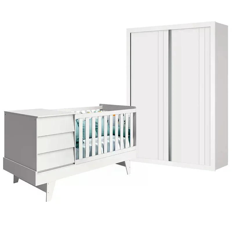 Jogo de Quarto Infantil Prince com Guarda Roupa e Berço Multifuncional - Reller Móveis Branco Fosco