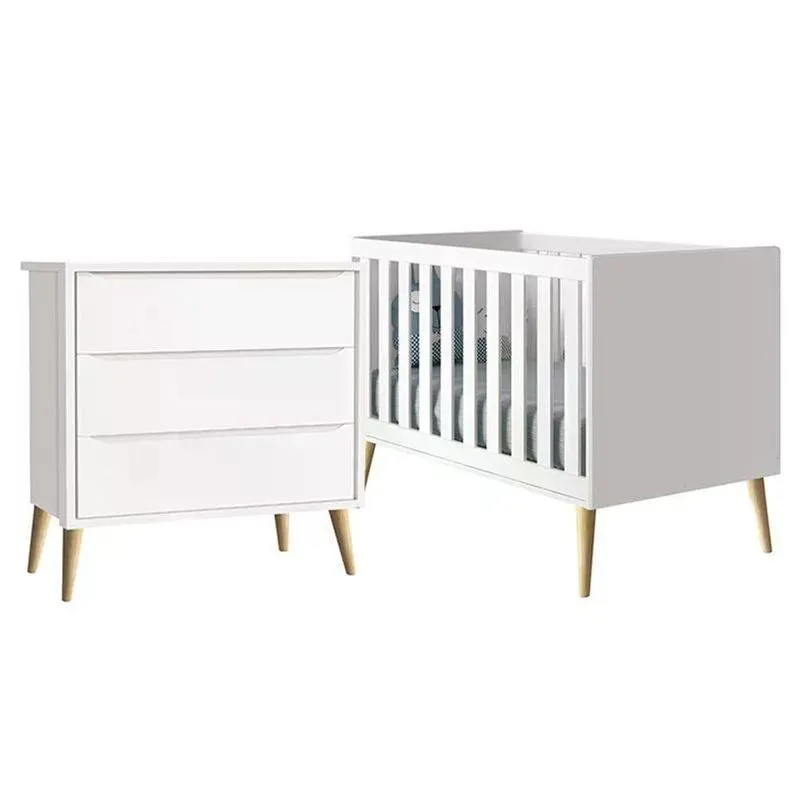 Jogo De Quarto Infantil Cômoda 3 Gavetas E Berço Americano MDF Branco Fosco Com Pés Madeira Natural