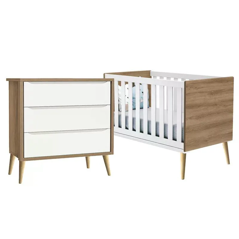 Jogo de Quarto Infantil Theo Cômoda 3 Gavetas e Berço com Pés Madeira Natural - Reller Móveis Branco Fosco/Mezzo