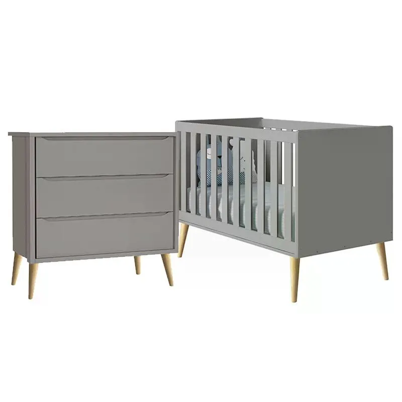 Jogo de Quarto Infantil Theo Cômoda 3 Gavetas e Berço com Pés Madeira Natural - Reller Móveis Cinza Fosco