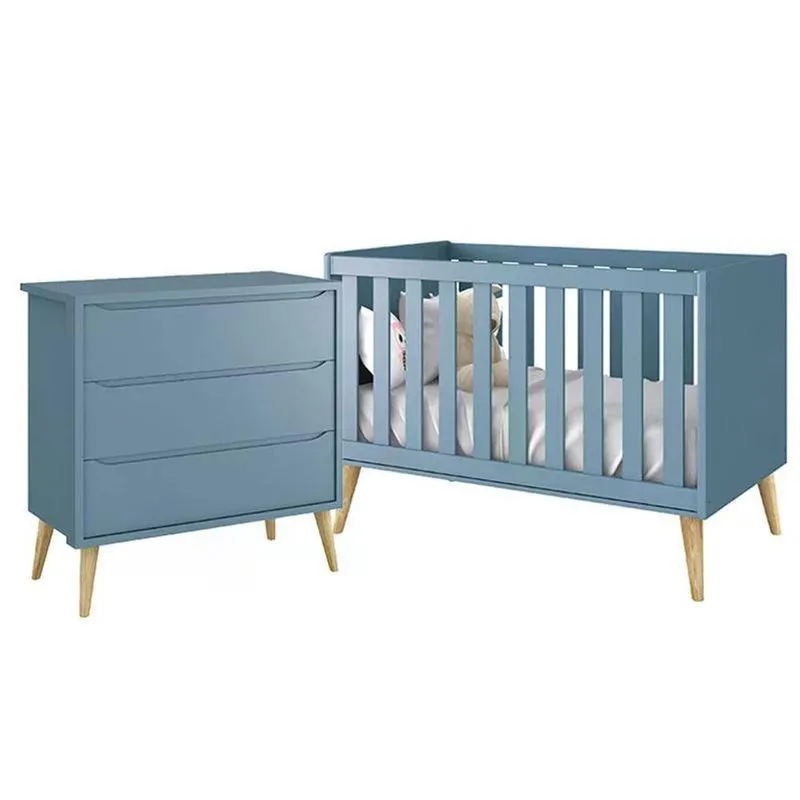 Jogo De Quarto Infantil Theo Cômoda 3 Gavetas E Berço Azul Fosco Com Pés Madeira Natural - Reller Móveis Azul Fosco