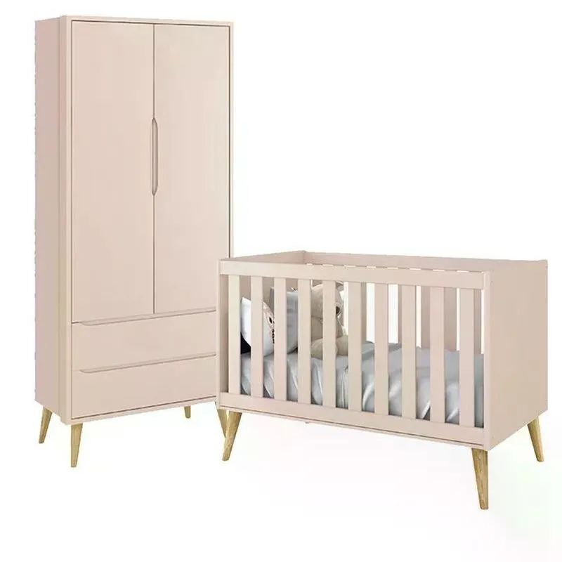 Jogo De Quarto Infantil Theo Guarda Roupa 2 Portas E Berço Rosa Fosco Com Pés Madeira Natural - Reller Móveis Rosa Fosco