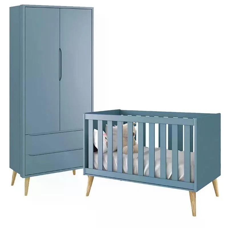 Jogo De Quarto Infantil Theo Guarda Roupa 2 Portas E Berço Azul Fosco Com Pés Madeira Natural - Reller Móveis Azul Fosco