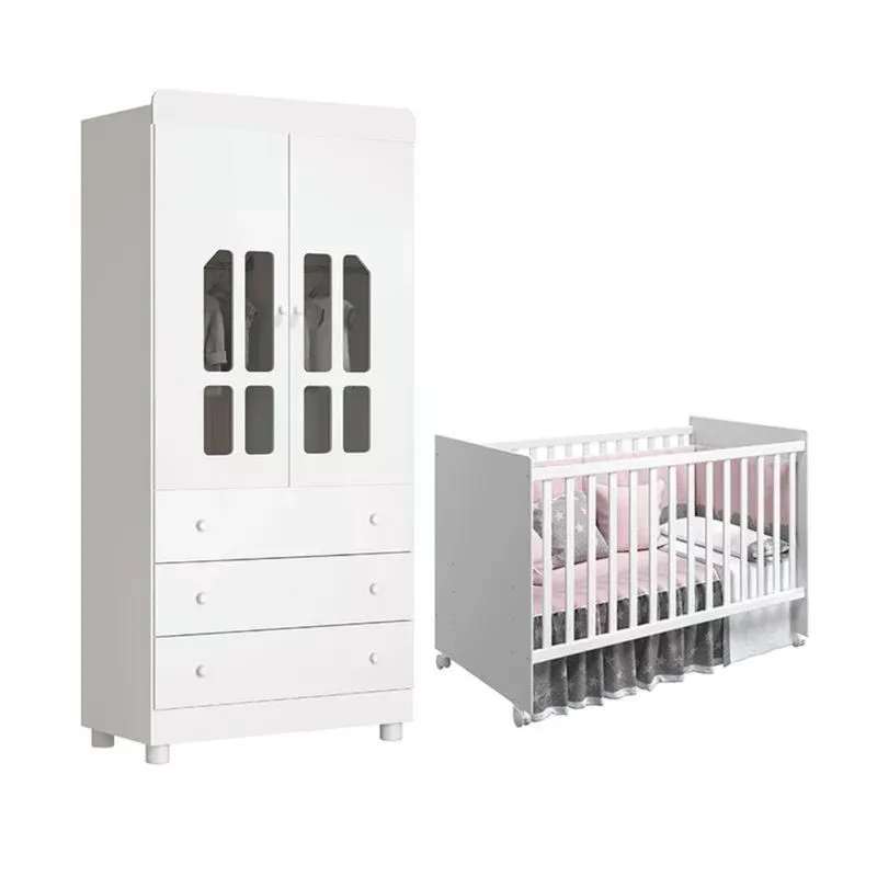 Quarto Infantil com Guarda Roupa 2 Portas Katatau e Berço Tico - Reller Móveis Branco Brilho