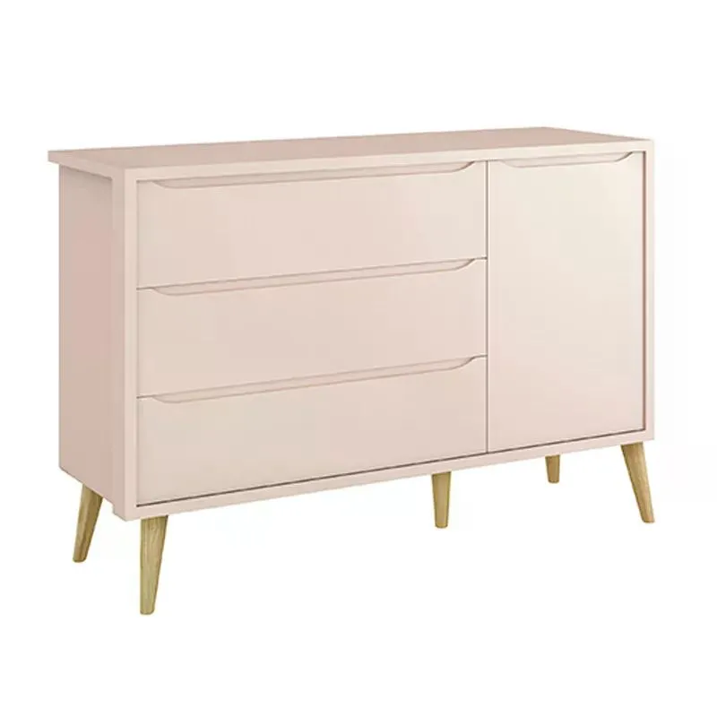 Cômoda Infantil Theo 1 Porta e 3 Gavetas com Pés Madeira Natural - Reller Móveis Rosa Fosco