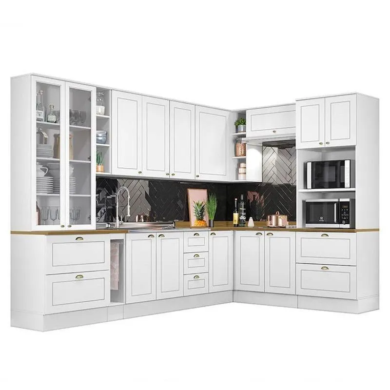 Cozinha Completa De Canto Americana 10 Peças Branco Com Cristaleira E Tampo Nature - Móveis Henn Branco