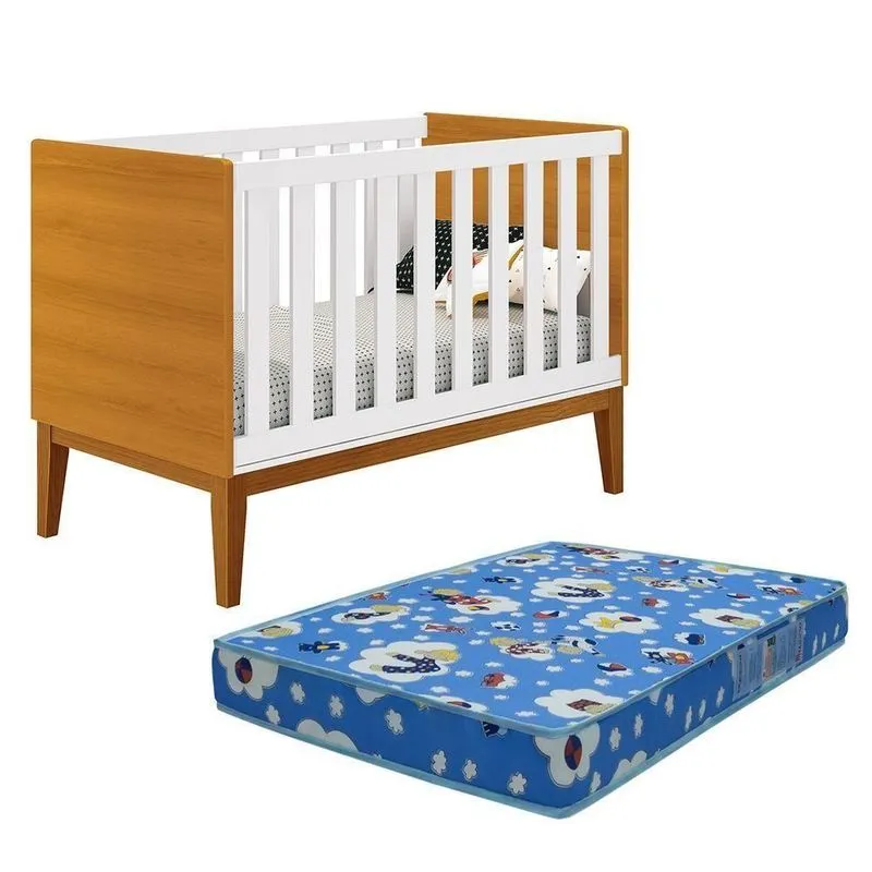 Berço Mini Cama Classic Branco Savana Pés Amadeirado Com Colchão D18 - Reller Móveis Branco Savana