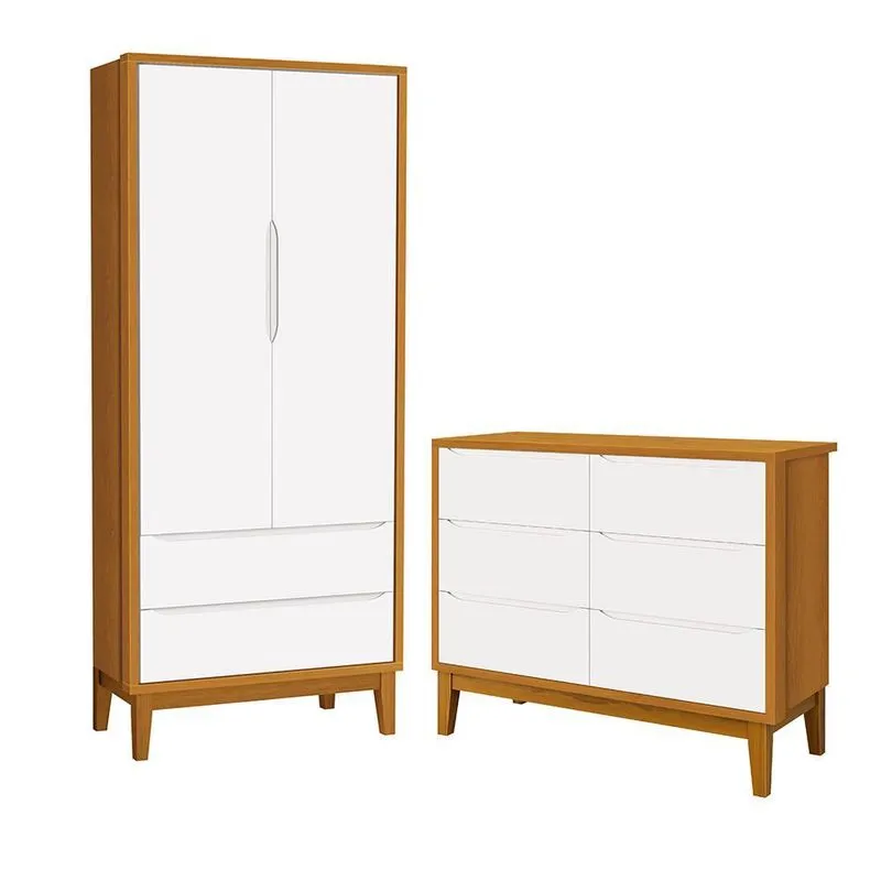 Jogo de Quarto Infantil Classic Guarda Roupa 2 Portas e Cômoda 6 Gavetas com Pés Amadeirado - Reller Móveis Branco/Savana