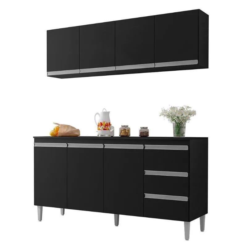Kit De Cozinha Andréia Balcão 150cm Preto Com Tampo Mdp E Aéreo - Ajl Móveis Preto