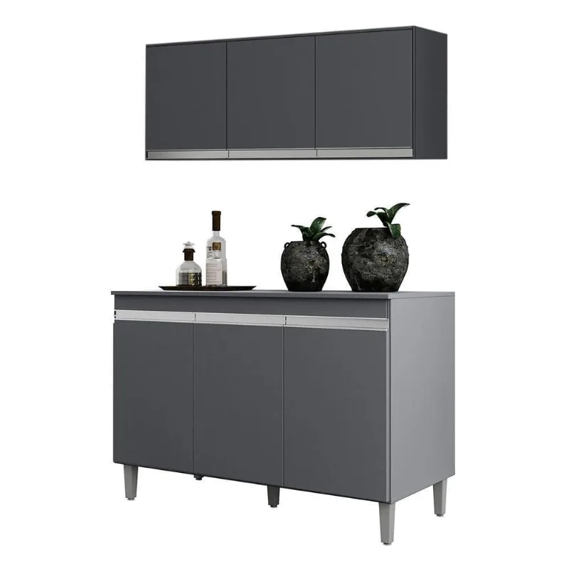 Kit Cozinha Balcão Manu 120cm Com Tampo Mdp E Aéreo Andréia Cinza - Ajl Móveis Cinza