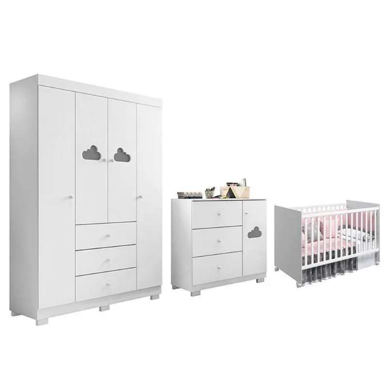 Conjunto de Quarto Ane Guarda Roupa Cômoda Berço 4 Portas 3 Gavetas MDF Branco