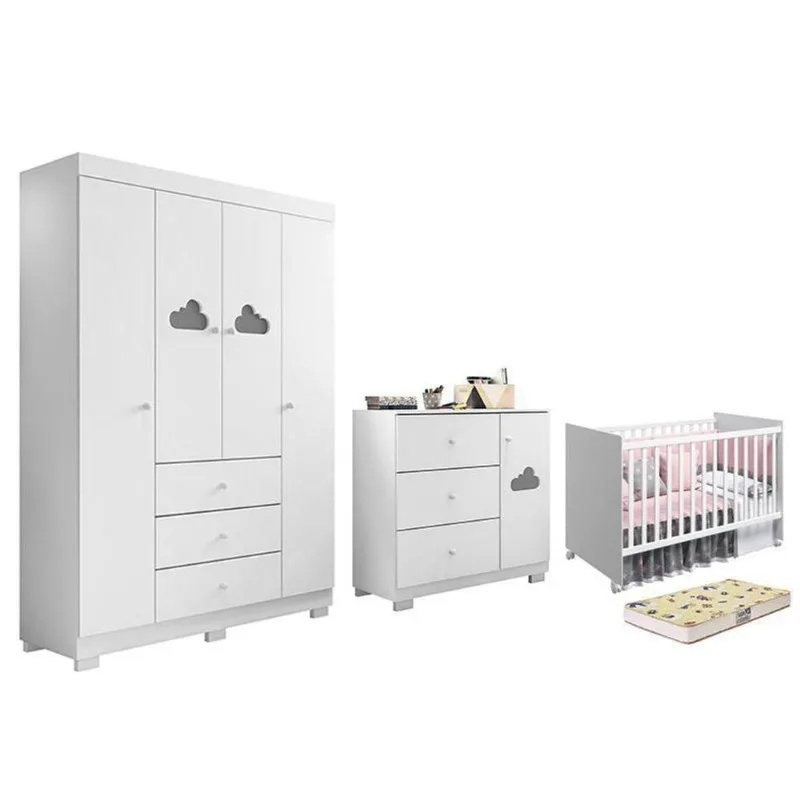 Conjunto de Quarto Ane Guarda Roupa Cômoda Berço 4 Portas 3 Gavetas MDF Branco Phoenix Baby