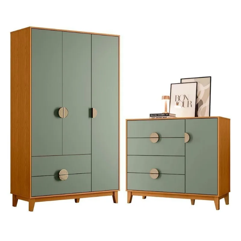 Jogo de Quarto Casal Ipê Guarda Roupa 3 Portas de Bater Cômoda 1 Porta 4 Gavetas MDF Cinamomo-sálvia