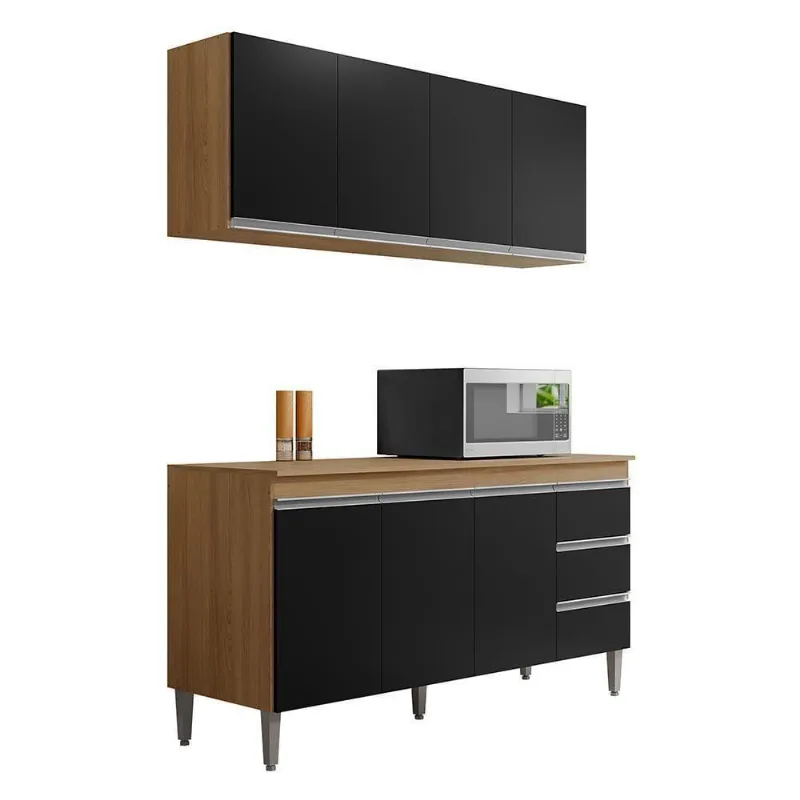 Kit De Cozinha Andréia Balcão 160cm Amêndoa-preto Com Tampo Mdp E Aéreo - Ajl Móveis Amêndoa-preto