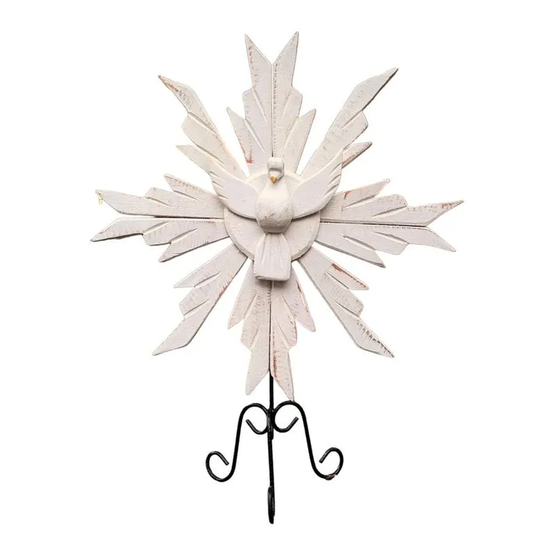Divino Espírito Santo Rústico Em Madeira Branco De Mesa Com Pedestal 48cm Decoração