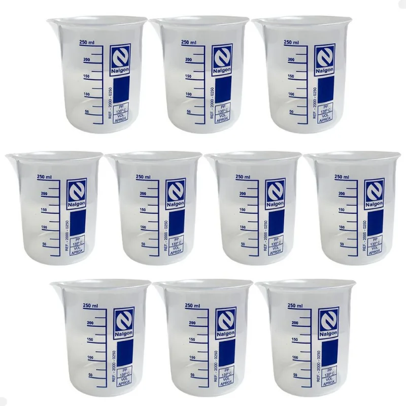 Kit 10 Béquer Becker Plástico 250ml Forma Baixa Autoclavável