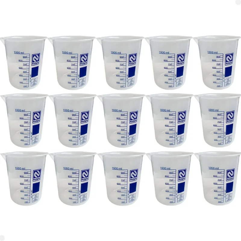 Kit 15 Béquer Becker Plástico 1000ml Forma Baixa Graduado