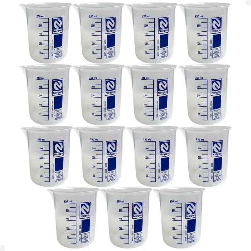 Kit 15 Béquer Becker Plástico 250ml Forma Baixa Autoclavável