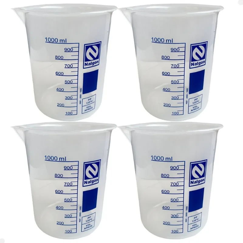 Kit 4 Béquer Becker Plástico 1000ml Forma Baixa Graduado