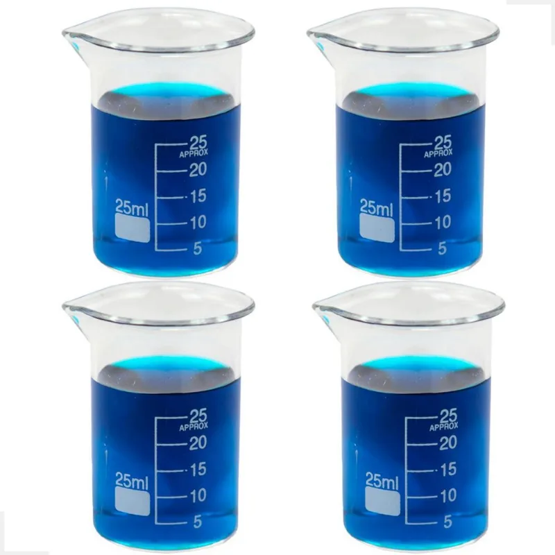 Kit 4 Béquer 25ml Becker De Vidro Forma Baixa Graduado