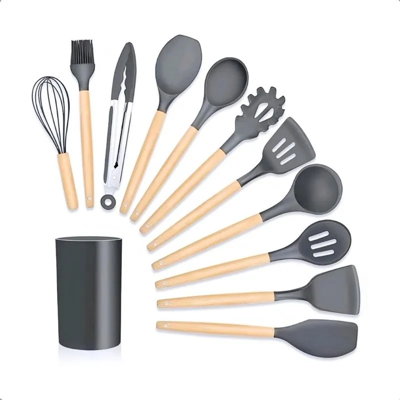 Jogo 12 Peças Utensílios Cozinha Silicone Colher Espátula cabo bambu