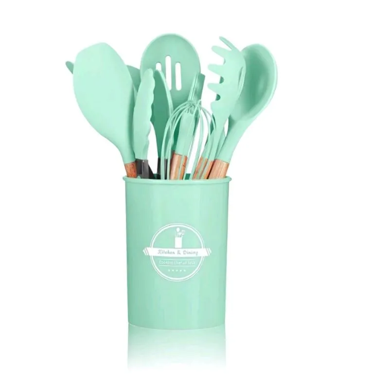 Jogo 12 Peças Utensílios Cozinha Silicone Colher Espátula cabo bambu