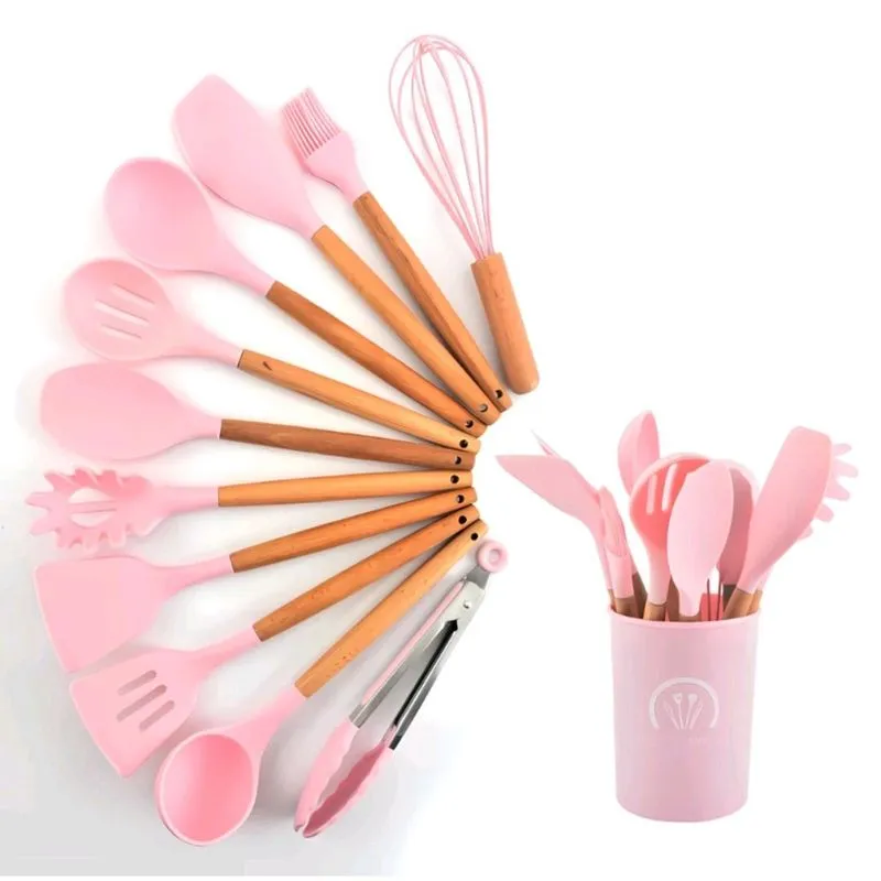 Jogo 12 Peças Utensílios Cozinha Silicone Colher Espátula cabo bambu