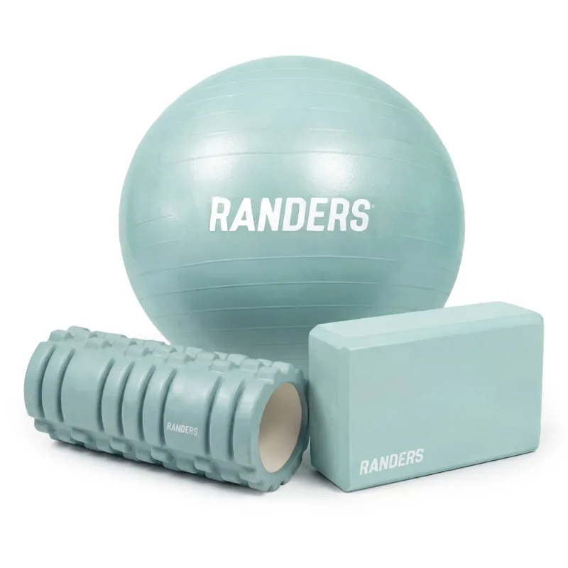 Kit de Yoga Rolo Masajeador + Ladrillo + Pelota Esferodinamia 55cm Celeste Hielo Pilates Randers Calm Collection