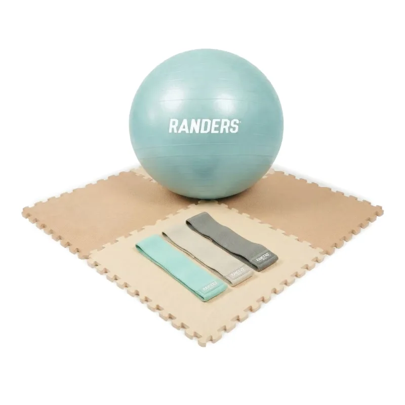 Kit Set Bandas Tela x3 + Piso Encastrable + Pelota de Yoga Celeste 65cm Randers Calm Collection