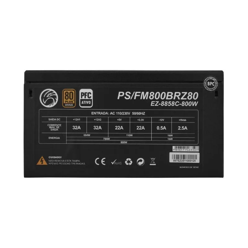 Fonte Pro Full 800wats Real Modular 800W 80 Plus Bronze com Cabos Full Preto Tronos