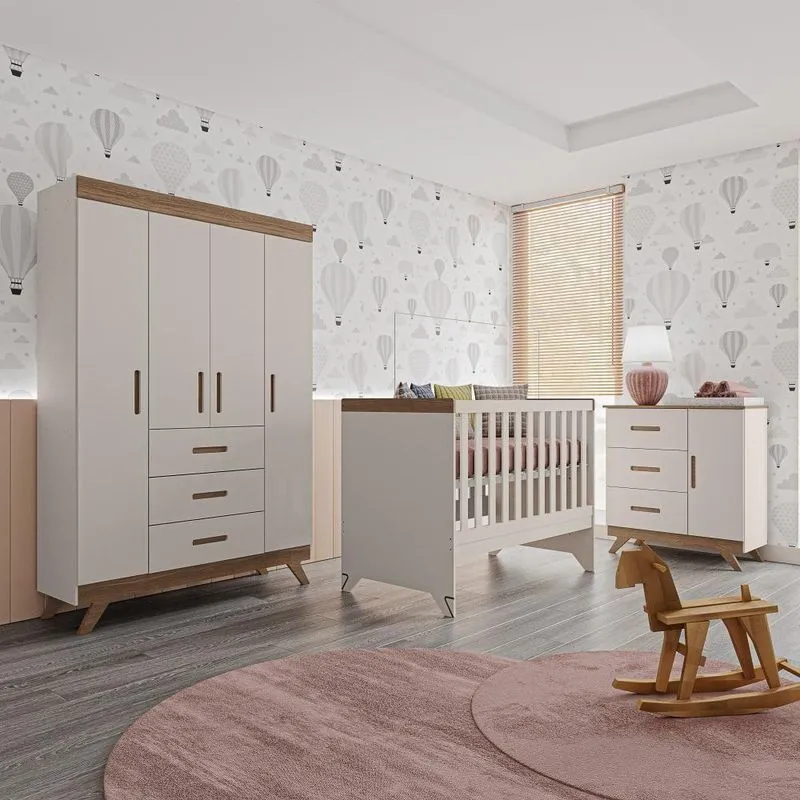 Jogo De Quarto Infantil Maya Off White Carvalho Guarda-roupa Cômoda Berço