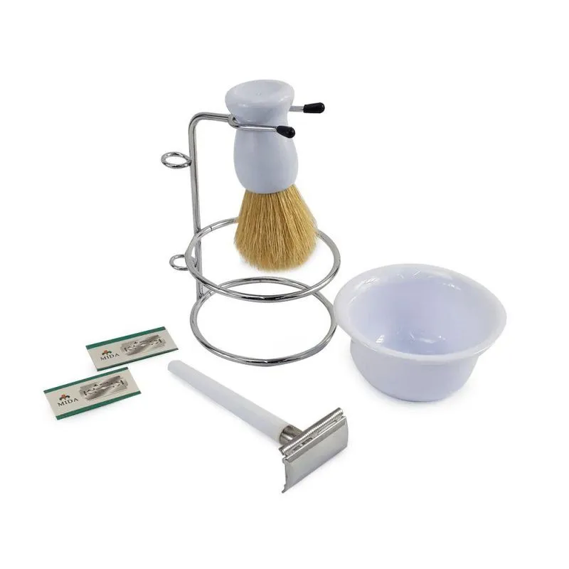 Kit Barbear Retro Navalha Suporte Saboneteira Pincel Branco
