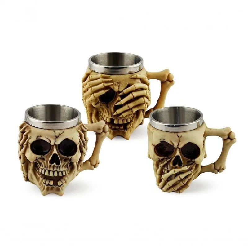 Caneca Decorativa Conjunto Caveira Cega Surda e Muda Metal e Resina para Cerveja Preto Show House