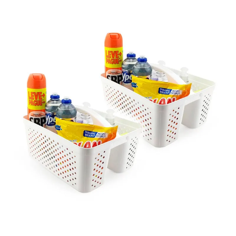 Kit 2 Cesto Organizador Transporta Tudo C/ Alça Plástico Nitron P/ Produtos de Limpeza e Ferramentas Branco