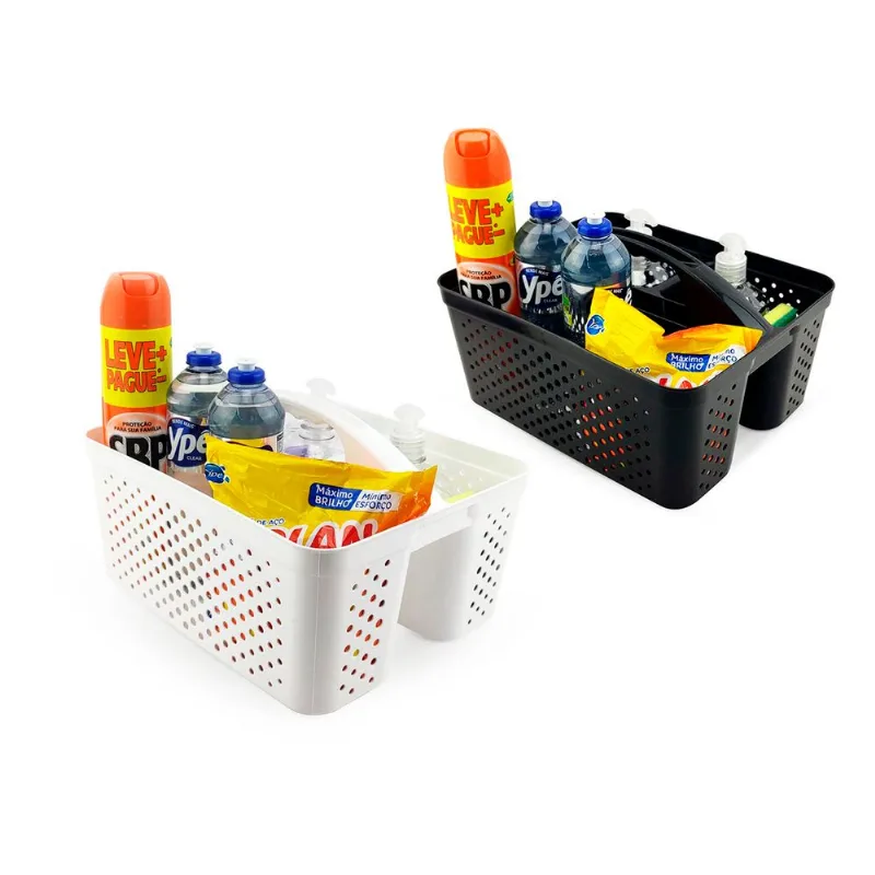 Kit 2 Cesto Organizador Transporta Tudo C/ Alça Plástico Nitron P/ Produtos de Limpeza e Ferramentas Preto/Branco