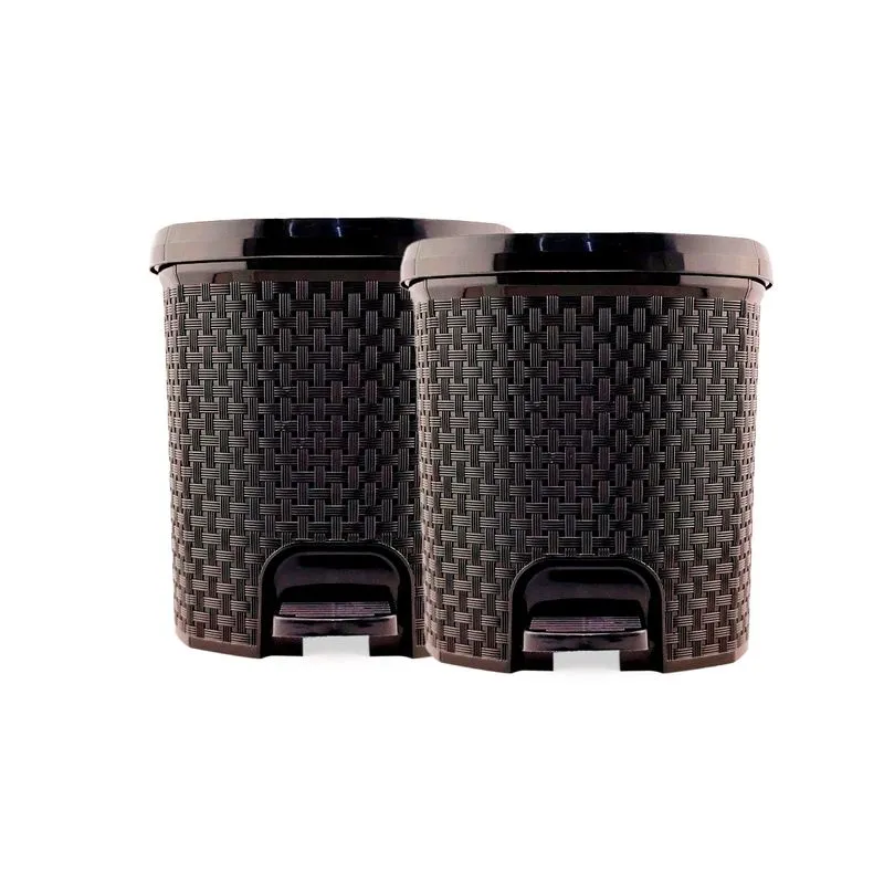 Kit 2 Lixeiras Rattan C/ Tampa Abertura Pedal Plástico Capacidade de 6 Litros Para Cozinha Escritório Preto