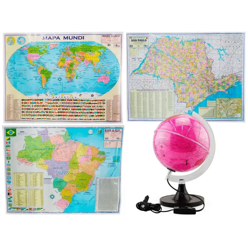 Kit Globo Rosa 21cm Led + Mapas Brasil Mundi E Sp Grande