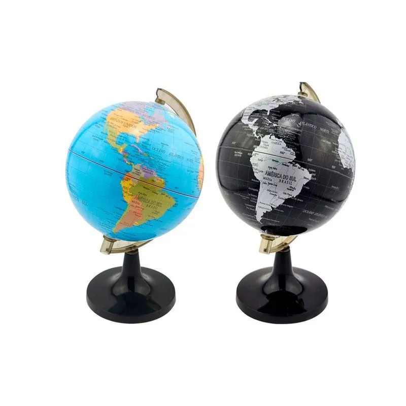 Kit Globo Terrestre 14cm Giratório Mapa Mundi em Português Escolar Base Preta Removível