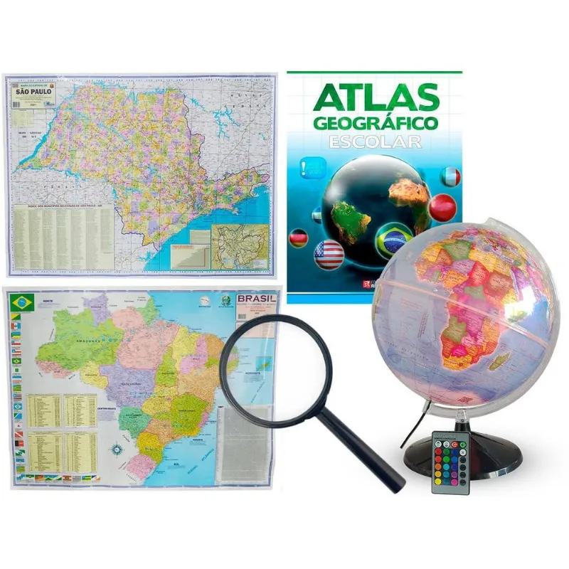 Kit Globo Terrestre Prisma Rgb 30cm + Mapas + Lupa + Atlas