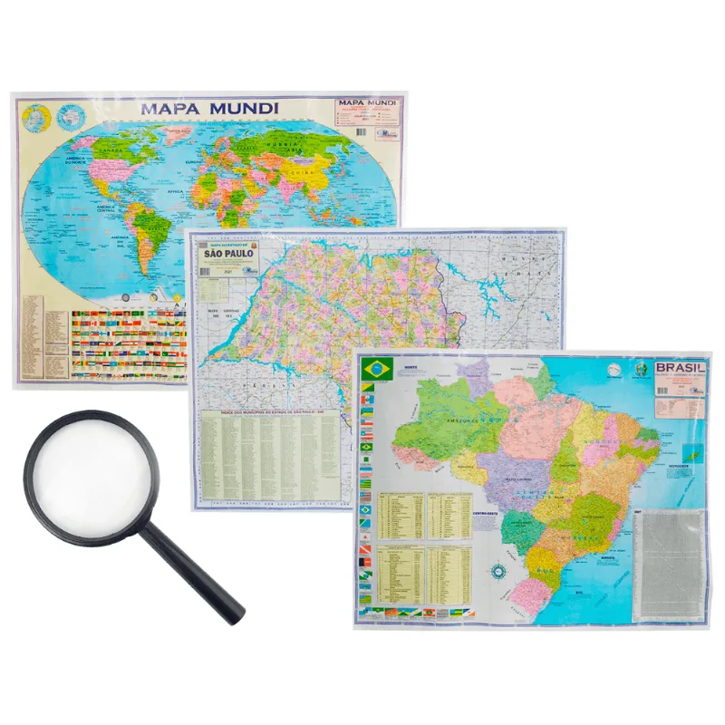Kit Mapas Brasil São Paulo E Mundi Edição Atualizada Divisão De Países E Capitais Planisfério Politica 120x90cm + Lupa