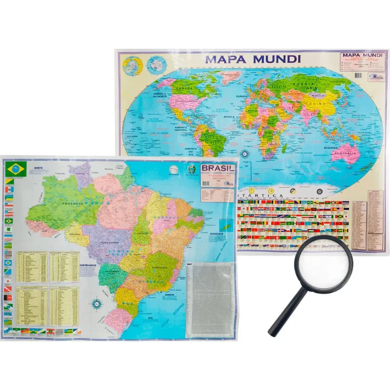 Kit Mapas Brasil E Mundi + Lupa Edição Atualizada Divisão De Países E Capitais Planisfério Politica 120x90cm
