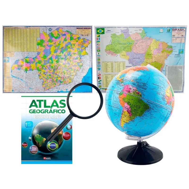 Kit Globo Terrestre Profissional Studio 30cm + Lupa + Mapa do Brasil + Mapa de Minas Gerais + Livro Atlas Escolar